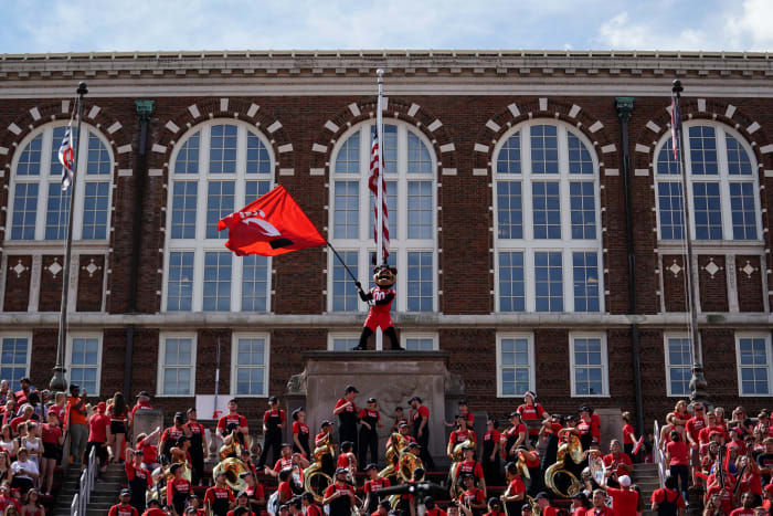 Sep 14, 2019; Cincinnati, OH, USA; The Cincinnati Bearcats mascot waves a team flag in the game against the Miami (Oh) Redhawks in the first half at Nippert Stadium. Mandatory Credit: Aaron Doster-USA TODAY Sports